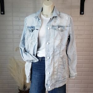 LulaRoe Embroidered Long Denim Jacket size Medium Relaxed fit Light Wash Blue